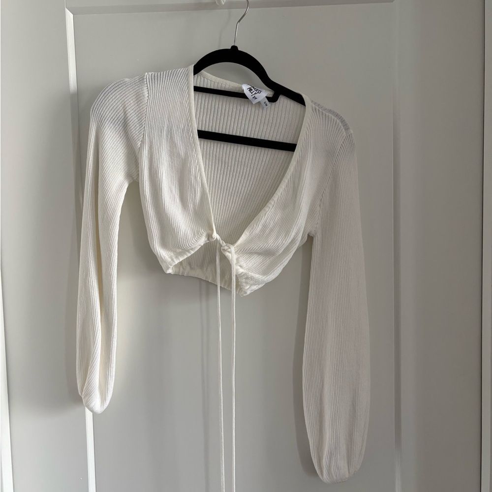 Princess Polly White Ribbed Tie-Front Long Sleeve Crop Top